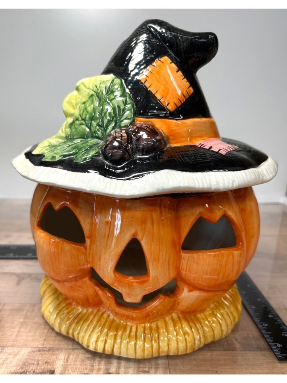 Ceramic Halloween Pumpkin With Witch Hat, Can Use A Light